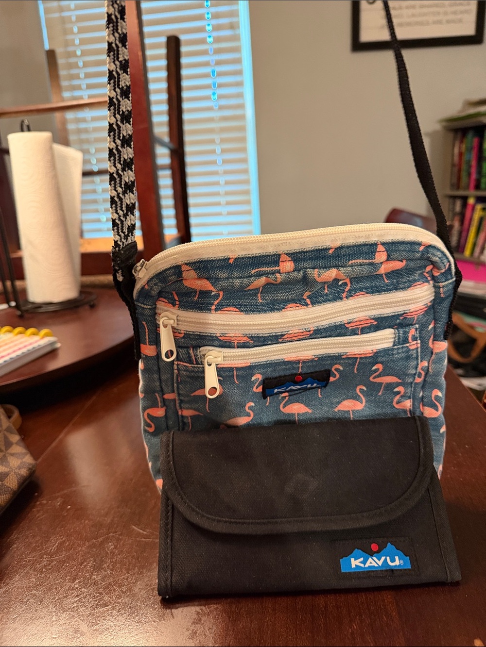 Kavu Denim Blue Flamingo Print Crossbody Bag with Black Wallet